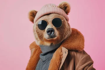 Fotobehang Fashionable Bear Dressed In Cool Clothes On A Pink Background With A Space-Themed Copy © Anastasiia