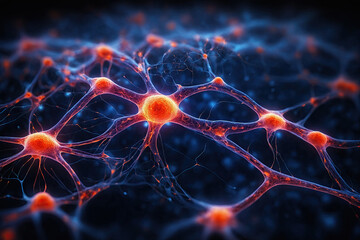 Background of nerve cells or neural networks with cell activity among themselves. Neurology and nervous system.