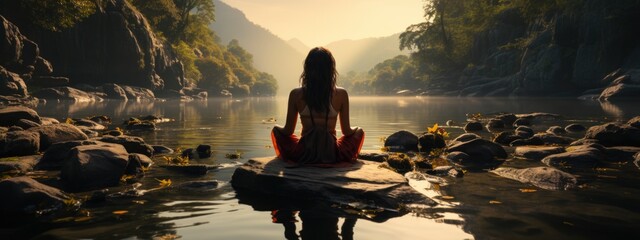 woman is sitting with her back to river among the mountains, physical health, wellness exercise,  inner happiness,  reducing stress concept. banner