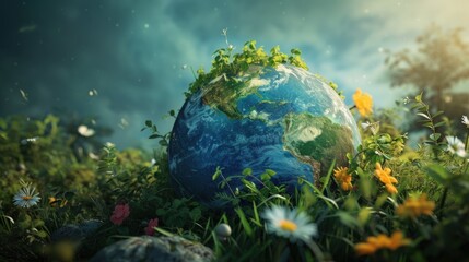 Obraz na płótnie Canvas World environment day concept. Earth globe with plant on dramatic background. AI generated image