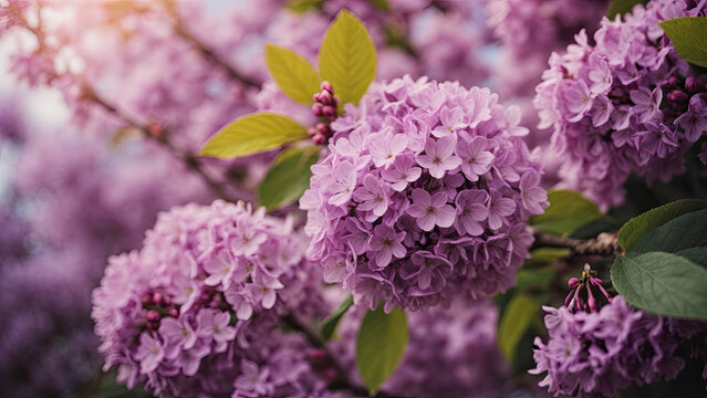 Pink-lilac flowers in lush clusters. Flowers of dark purple lilac, Syringa, May.