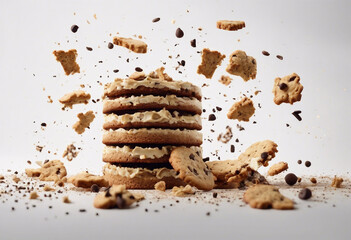Pile cake crumbs cookie pieces flying isolated on white clipping path
