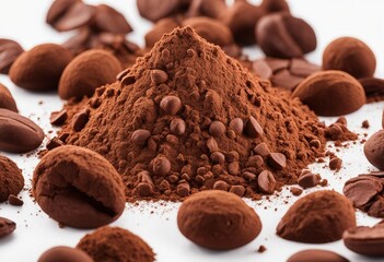Pile cocoa powder isolated on white top view