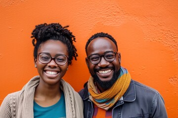 Happy couple smiling against an orange wall, showcasing diversity and joy.