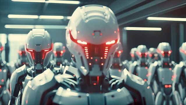 Combat robot in military metal armor. Futuristic cyborg security guard. Technology, robotics, artificial intelligence and future concept.