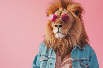 Lion In Trendy Attire Posing In Pink Space-Themed Setting