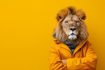 Stylishly Dressed Lion On Yellow Background With Cosmic Background
