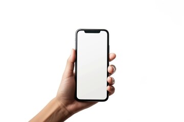 hand holds a phone with a white screen, isolated on a white background. Smartphone mockup