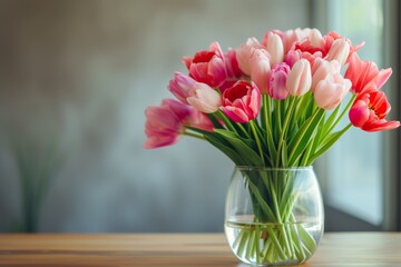 Blank Space Waiting To Be Filled With Personalized Message, Next To Vibrant Tulips In Vase