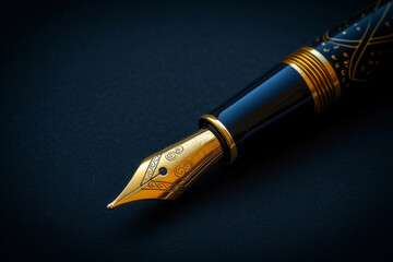 Exquisite Fountain Pen In Gold And Black, Set Against Dark Backdrop