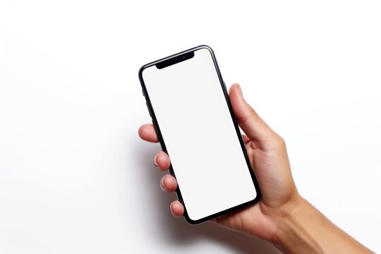 hand holds a phone with a white screen, isolated on a white background. Smartphone mockup