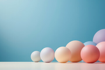 small and large balls of delicate shades on a light blue background stand on the side. a place for text or advertising.
