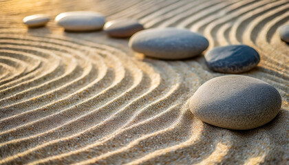 Tranquil Zen garden pattern: Smooth pebbles arranged artistically on raked sand, embodying serenity and balance