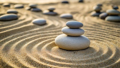 Tranquil Zen garden pattern: Smooth pebbles arranged artistically on raked sand, embodying serenity and balance