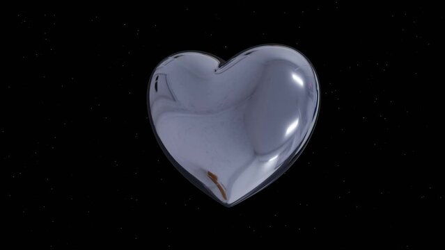3d Silver metal heart on black background isolated. Romantic Symbol of Love Valentines Day celebration card chrome. Animation 30fps 4k loop seamless