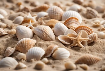 Fototapeta na wymiar Sea shells in sand pile isolated on white background