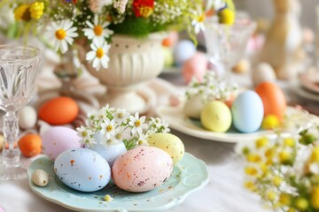 Easter table setting with  flowers in pastel colors