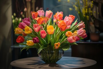 Elevating Artistry With Hightech: Table Transformed By A Stunning Tulip Bouquet