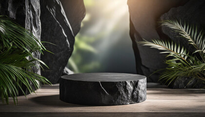 Minimalistic stage with black stone pedestal for product display presentation