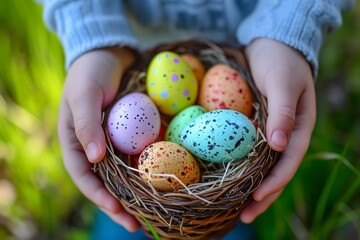 Fototapeta na wymiar Child Unveils Festive Easter Egg Basket Adorned With Whimsical Patterns