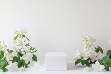 Elegant White Podium Enhanced With Fragrant Jasmine - Ideal For Presenting Your Products