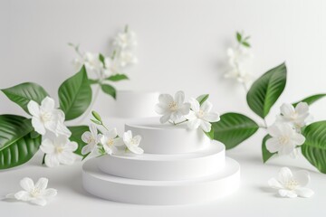 Fototapeta na wymiar Elegant White Podium Featuring Fragrant Jasmine, Ideal For Showcasing Your Products