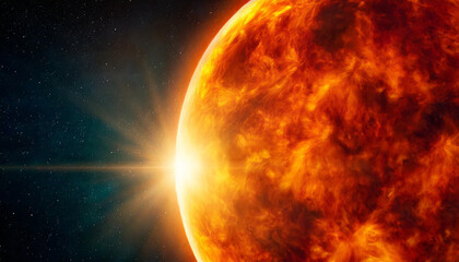 Fiery sun surface radiates intense energy, symbolizing raw power and cosmic vitality - obrazy, fototapety, plakaty