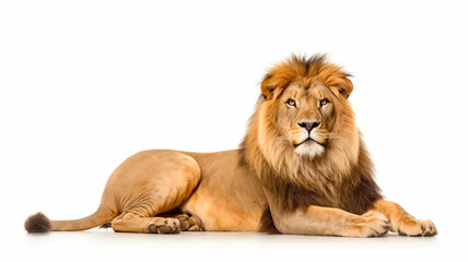 Lion laying down on white surface with white background. 