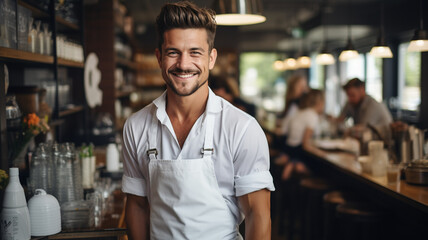 Young smiling male barista standing at bar in coffee shop.

