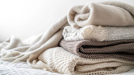 Fototapeta na wymiar Fresh Comfort - New soft folded blankets stack on a clean white background