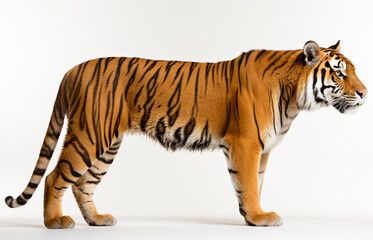 Side view of a tiger standing, isolated on white background.

 - obrazy, fototapety, plakaty