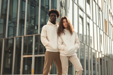 Versatile Clothing Brand Template: Unbranded Hoodie Mockup Featuring Couple In Casual Sportswear