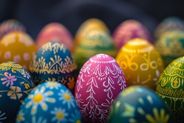 Fototapeta na wymiar Vibrant Easter Eggs Adorned With Intricate Floral Patterns Upclose And Personal