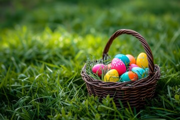 Fototapeta na wymiar Vibrant Easter Eggs Fill Basket, Nestled Amidst Lush Green Grass