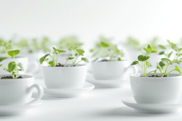 Obraz na płótnie Canvas Nurturing The Growth Of Lush Green Seedlings In White Saucers And Cups