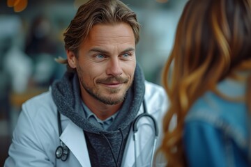 A distinguished man with a thick moustache and brown hair stands on a bustling street, wearing a crisp white coat and stethoscope around his neck while a confident woman in a blue shirt walks by, the - Powered by Adobe