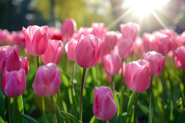 Splendid Pink Tulips Flourish Peacefully In The Sunlit Park In Spring