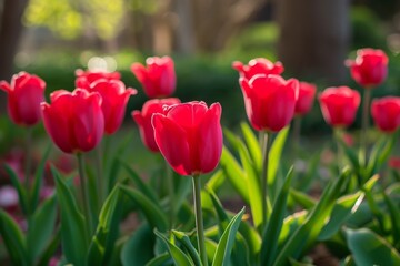 Vibrant Red Tulips Bloom Gracefully In Lush Garden Setting