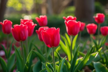 Fototapeta premium Vibrant Red Tulips Bloom Gracefully In Lush Garden Setting