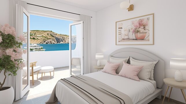 Bright bedroom in a minimalist Mediterranean style.