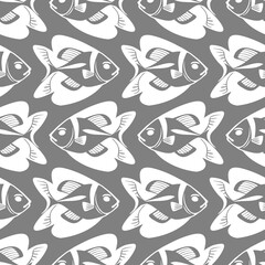 simple seamless pattern of white graphic fish on a gray background, texture, design