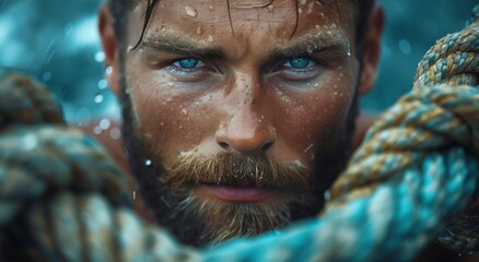A stoic portrait of a bearded man with piercing blue eyes, his skin reflecting the complexities of the human experience
