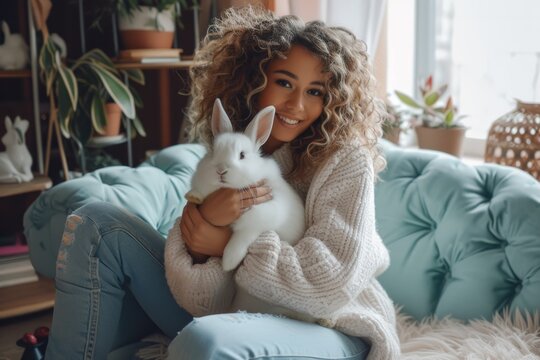 Joyful Home Photoshoot: Woman Poses With Easter Bunny