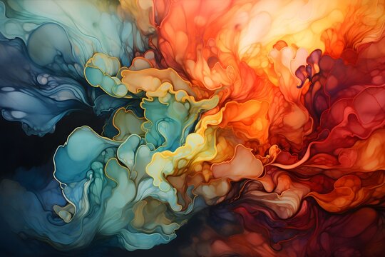 Dark blue and red watercolor alcohol ink abstract background with gold plating