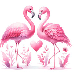 Romantic Pink Flamingos with Heart and Flowers