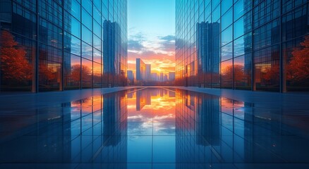 A bustling metropolis shimmers in the tranquil embrace of a mirrored pond, its towering structures reaching for the painted skies of dawn or dusk