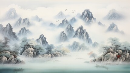 Mountains, forest and river Chinese traditional painting watercolor background