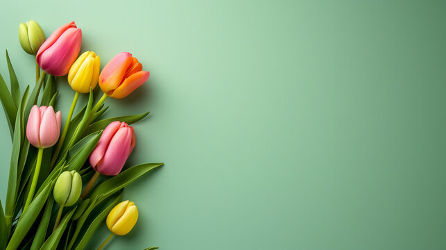 Floral spring background with bunch of colorful tulips on light green backdrop. Copy space. Mothers day, 8 march