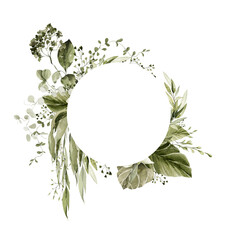 Fototapeta premium Watercolor floral frame. Hand painted border of greenery, wildflowers, herbs. Green leaves, branches, foliage, eucalyptus leaf isolated on white background. Botanical illustration for design, print
