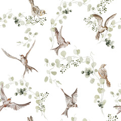 Watercolor floral seamless pattern. Hand painted forest greenery, wildflowers, herbs, birds. Green leaves, branches, foliage isolated on white background Botanical illustration for fabric, paper pack